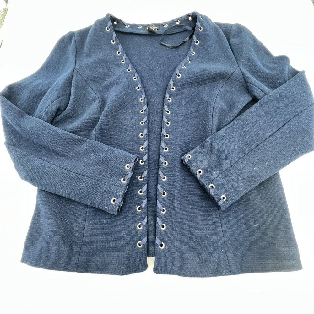 Bob Mackie Womens Jacket Size L Navy Blue Open Front Cardigan Long Sleeve